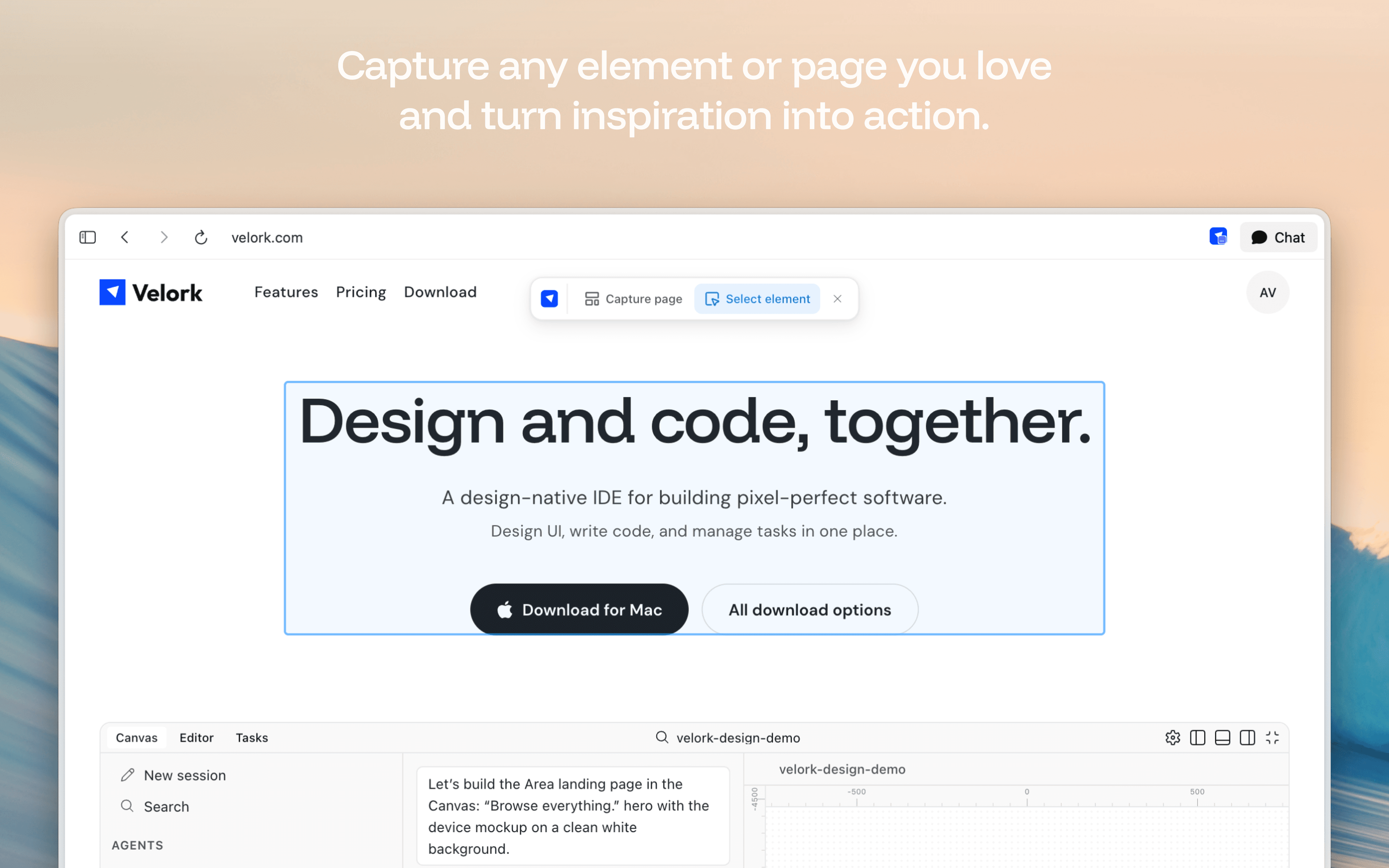 Velork Chrome extension capturing web UI